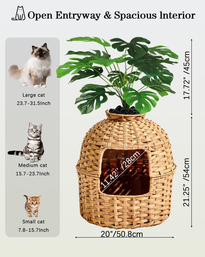 SETVSON Cat Litter Box Plant Furniture Enclosure, Rattan PE House, Natural | Decorative Planter Design, Removable Top for Easy Cleaning, Includes Artificial Plants, Real Stones, 20 X 20 Inches5