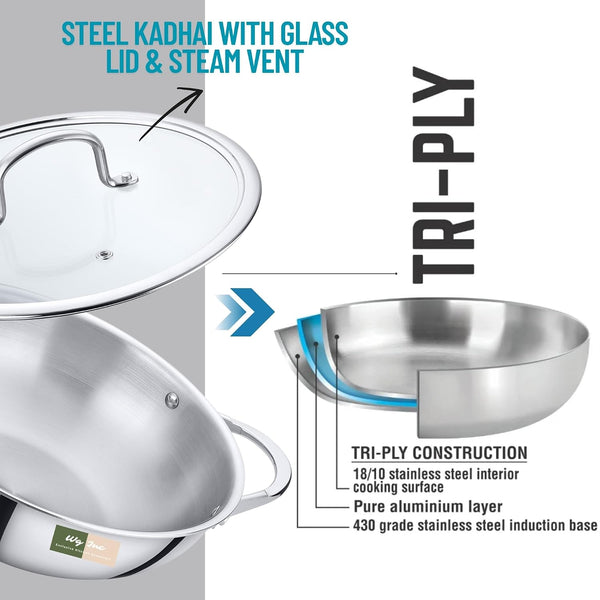 Stainless Steel Wok with Glass Lid, 3 QT - 10.2 Inch / 26 CM Tri-Ply Kadhai, Wide & Deep Cookware Stir-Fry Pans, Dishwasher & Oven Safe, Non-Toxic Cooking Wok Pan, Induction Compatible3