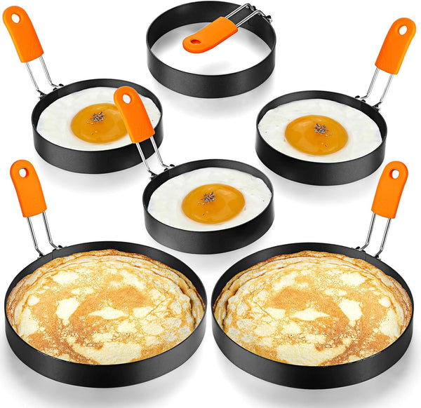 6 Pcs Egg Rings for Griddle Nonstick Pancake Molds,4, 6 Inch | Stainless Steel with Orange Silicone Handle, Fried Egg Shapers Molds, Adjustable for Breakfast Omelette Sandwich1