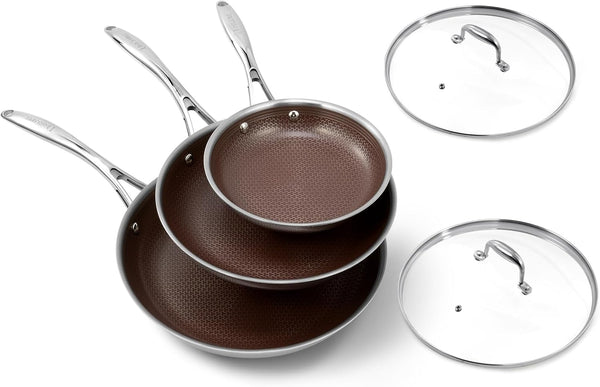 5Pc Hybrid Nonstick Frying Pans Set with Lids, 8, 10 & 12" Pans | Ceramic Nonstick,Stay-Cool Handle, Dishwasher Oven Safe, for All Stovetops Induction for Home Daily Cooking (Burgundy)1