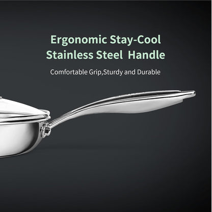11.5 Inch Tri-Ply Stainless Steel Frying Pan with Lid,No Coatings PFOA&PTFE Free Skillets,Chef'S Pans,Dishwasher and Oven Safe Cookware, Compatible with All Cooktops3