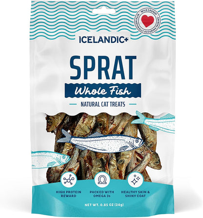 Icelandic+ Whole Sprat Cat Treats - 0.85 Oz Wild-Caught Crunchy Fish Snacks | Single Ingredient Air-Dried 2.5-3" Fish, High Protein & Omega-3 for Skin & Coat Health, No Additives or Fillers1