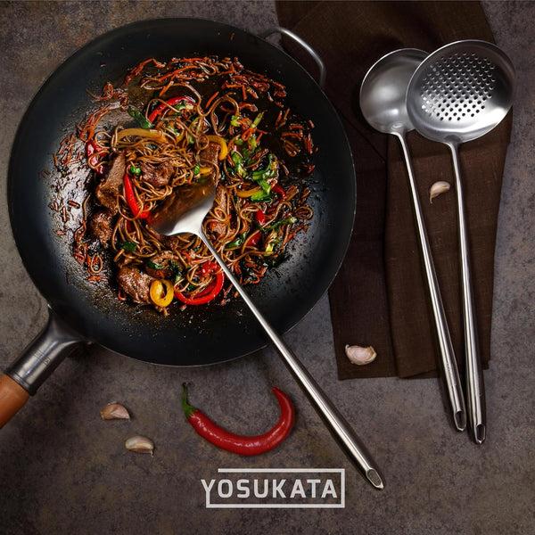 Flat Bottom Wok Pan - 13.5" Blue Carbon Steel Wok + Wok Lid 12.8 Inch + 17" Spatula and Ladle Skimmer Spoon9