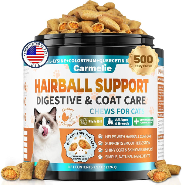 Hairball Treatment for Cats – 500 Crunchy & Creamy Hairball Treats for Cats – Indoor Feline Digestion Formula for Hairball Control, Cat Hairball Remedy & Digestive Support, Chicken & Krill Flavor1