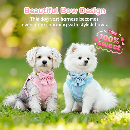 Small Dog Collar Harness and Leash Set, Dog Harness No Pull with Bowtie, Breathable Cotton Adjustable Pet Puppy Harness, Easy Walk Dog Harness, S(14–18.9")8