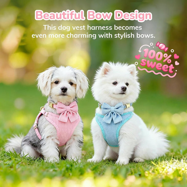 Small Dog Collar Harness and Leash Set, Dog Harness No Pull with Bowtie, Breathable Cotton Adjustable Pet Puppy Harness, Easy Walk Dog Harness, S(14–18.9")8