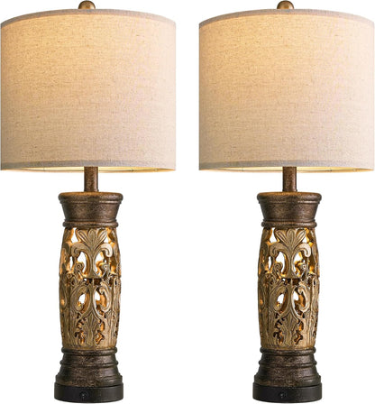27.25” Antique Gold Table Lamps Set of 2 – Farmhouse Bedside Lamps with Night Light & USB A+C Ports, Vintage Lamps for Bedroom, Living Room, Entryway, Nursery, Reading Nook(Bulbs Included7