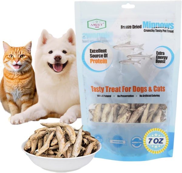 Amzey 7Oz Minnows Dog Treats - Freeze Dried Minnows Cat Treats - High Protein & Premium Quality Training Treats - Bulk Package (1.6" to 2.8" Length Each)7