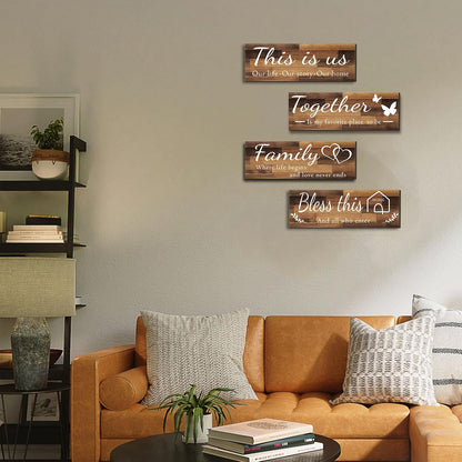 4 Pieces Home Wall Signs, THIS IS US/TOGETHER/BLESS THIS HOME/FAMILY Wall Decor for Living Room Bedroom, Rustic Wooden Farmhouse Wall Art , 4.7 X 13.8 Inch(Brown)2