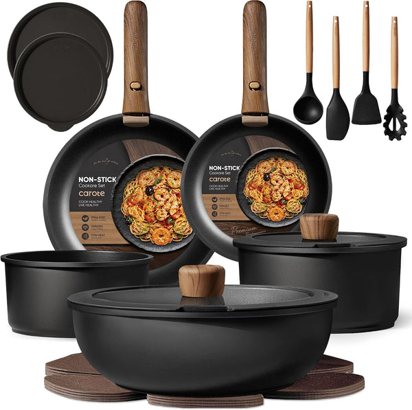 19Pcs Pots and Pans Set Non Stick, Detachable Handle Cookware Set | Induction Compatible, Dishwasher & Oven Safe, Space Saving, for Camping/Rv/Traveling, Kitchen Cooking Set, Black1