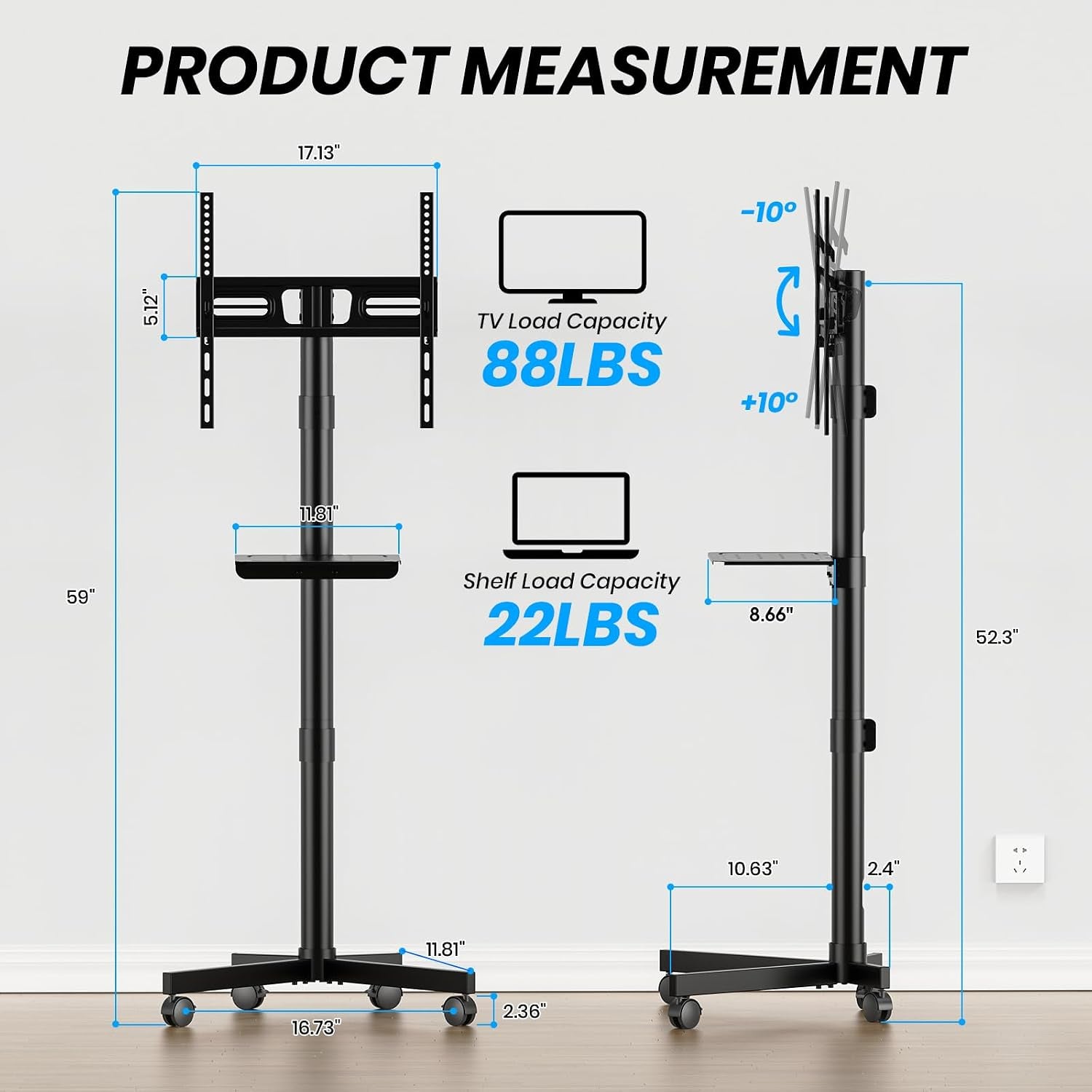mobile-tv-cart-for-23-60-inch-lcd-led-oled-flat-curved-screen-tvs-height-adjustable-rolling-floor-stand-with-shelf-and-locking-wheels-up-to-88lbs-max-vesa-400x400mm-black
