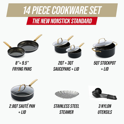14 Piece Induction Nonstick Cookware Set, Diamond Infused Pfas-Free Ceramic Nonstick Pots & Pans, Durable Metal Utensil Safe, Dishwasher Safe, Oven & Broiler to 600F, Black/Gold4