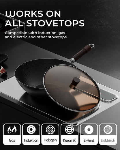 Carbon Steel Wok Pan, Tripole Nitrided Pre-Seasoned Flat Bottom Woks & Stir-Fry Pans Nonstick, Chinese Wok with Glass Lid for All Stovetops, Gift for Chef - 11.8 Inch7