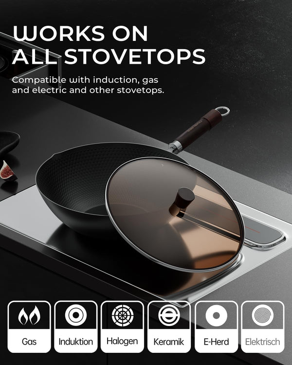 Carbon Steel Wok Pan, Tripole Nitrided Pre-Seasoned Flat Bottom Woks & Stir-Fry Pans Nonstick, Chinese Wok with Glass Lid for All Stovetops, Gift for Chef - 11.8 Inch7
