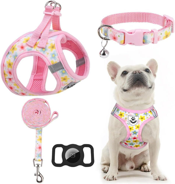 EXPAWLORER Plaid Small Dog Harness and Leash Set with Airtag Holder - No Pull Soft Padded Step in Dog Vest Harness Medium Sized Dog, Reflective Puppy Harness, Collar and Leash for Walking, Khaki S21