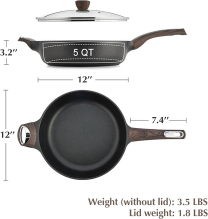 Nonstick Frying Pan Skillet with Lid, 12 Inch Large Deep Frying Pan, 5 Qt Non Stick Saute Pan with Cover, Induction Pan, Healthy Non Toxic Cooking Pan with Helper Handle, PFOA PFOS Free7