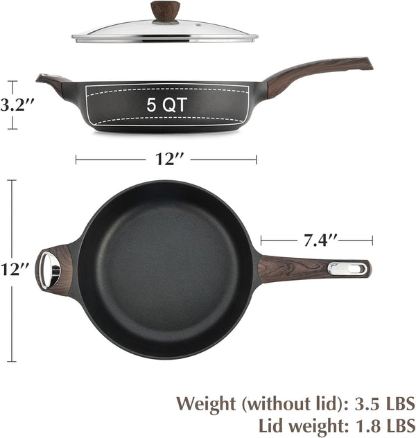 Nonstick Frying Pan Skillet with Lid, 12 Inch Large Deep Frying Pan, 5 Qt Non Stick Saute Pan with Cover, Induction Pan, Healthy Non Toxic Cooking Pan with Helper Handle, PFOA PFOS Free7