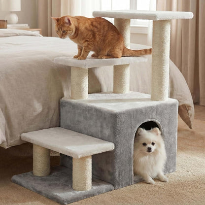 Heybly Cat Scratching Post, Pet Steps for Indoor Cats and Dogs, HSP002SWWH | Small Cat Tree with Cat Condo, Pet Stairs with Full Wrapped Sisal Posts & Soft Plush Fabric, Light Gray & White1