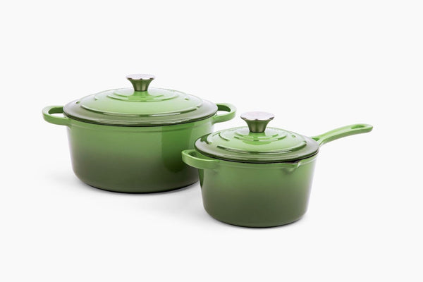 4-Piece Enameled Cast Iron Set, Oven Safe and Suitable for All Cooktops – Includes 5.7 Quart Dutch Oven Pot with Lid and 2.2 Quart Saucepan with Lid (Okra)1