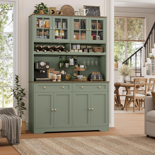 75" Kitchen Pantry Storage Cabinet, Coffee Bar Hutch Cabinet, Green | Tall Pantry Cabinet with Charging Station / Wide Countertop / Glass Doors / Wine Rack / Cup Holder / Drawers, Dining Room2