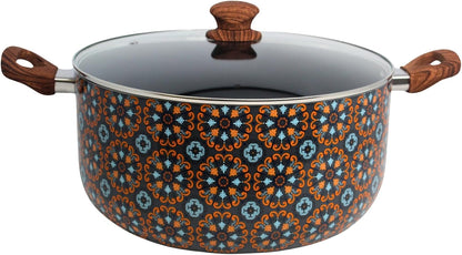 10 Qt Talavera Aluminum Black Ceramic Dutch Oven with Glass Lid | Black Ceramic Nonstick Coating, Woodlook Handles with Glass Lid, Ideal for Rice and Stews, Great for Family Gatherings1