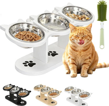 2026 New Anti-Slip Elevated 3-Bowl Pet Feeder, Cat Bowls with Stand Tilted, Stainlesssteel Cat Feeding Station, Ergonomic Elevated Cats Bowls with Wooden Base, Pet Feeding Station for Food & Water (E)12