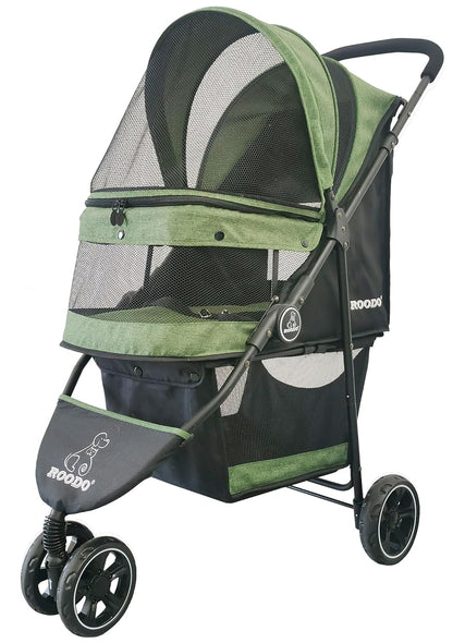 ROODO 3 Wheel Pet Stroller Best Lightweight Foldable Compact Portable Jogger All Terrain Travel Pet Gear Puppy Kitty Stroller for up to 30Lbs Medium Small Dogs and Cats(Green)1