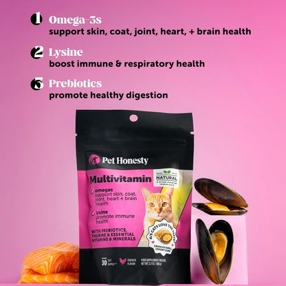 Cat Multivitamin Crunchy Creamy Chews - Daily Cat Vitamins with Lysine, Prebiotics, Omega 3 Fish Oil - Cat Treats for Immune Support, Skin Coat, Digestion, Heart + Joint Health (30-Day Supply)3