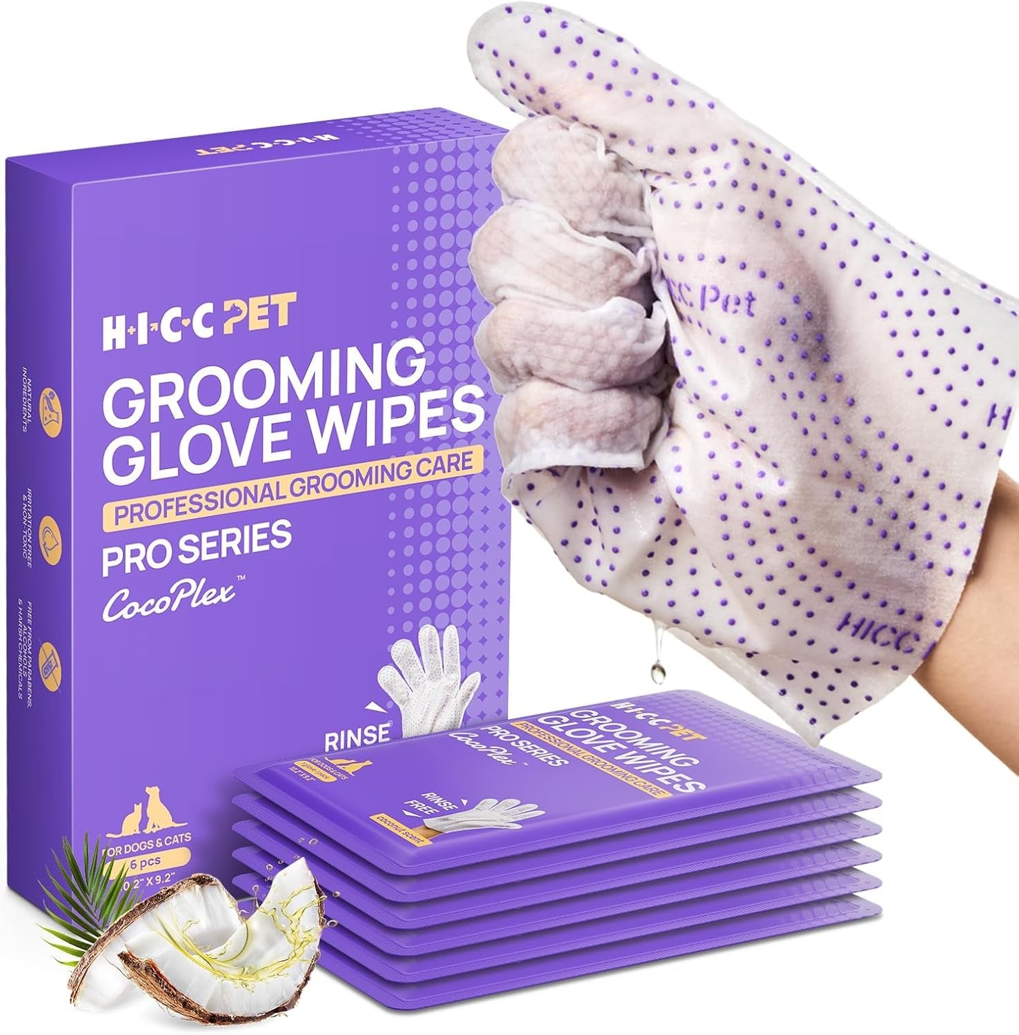 hicc-pet-cleaning-glove-wipes-pro-for-dogs-cats-20pcs-coconut-scent-puppy-wipes-no-rinse-pet-grooming-wipes-extra-thick-dual-textured-wipes-for-paws-face-coat-outer-ear-rear-end-area