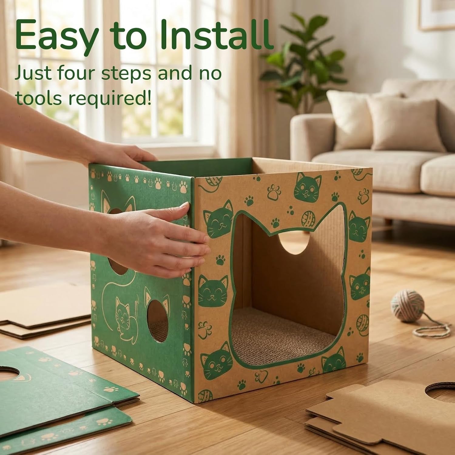 pumtus-2-pack-cardboard-cat-houses-cat-play-house-with-2-pcs-scratching-pad-corrugated-kitten-hideaway-cave-cute-cats-condos-box-cat-scratching-toy-scratcher-bed-for-indoor-cats-kittens-bunny