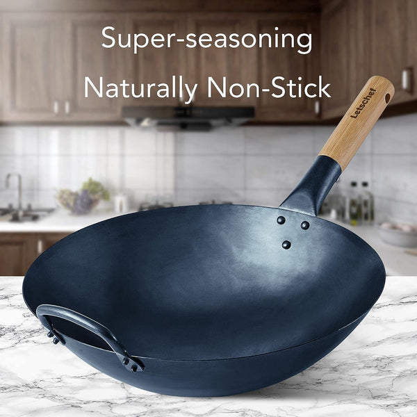 14 Inch Carbon Steel Wok with round Bottom-Free Chemical Cookware for Gas Stoves, Open Fire-Hand Hammered Chinese Traditional Wok with Bamboo Handle(No Lid Included)5