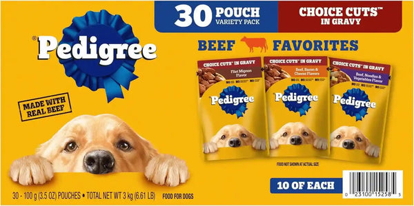 Pedigree Choice Cuts Wet Dog Food Pouch, Protein Variety, 3.5 Oz, 30 Count | Beef, Chicken & Filet Mignon, No Added Sugars or Artificial Flavors, 36 Vitamins & Minerals, 50%+ Water, Complete & Balanced12