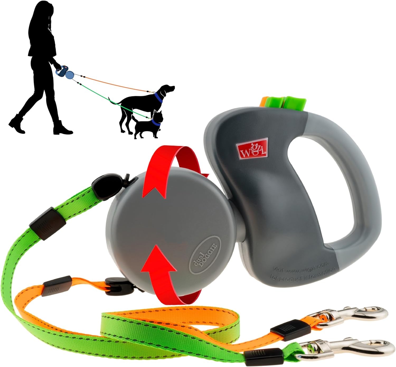 wigzi-2-two-dog-reflective-retractable-pet-leash-360-degree-zero-tangle-patent-two-dogs-each-up-to-50-lbs-and-10ft-reflective-orange-and-green-leads-dual-locking