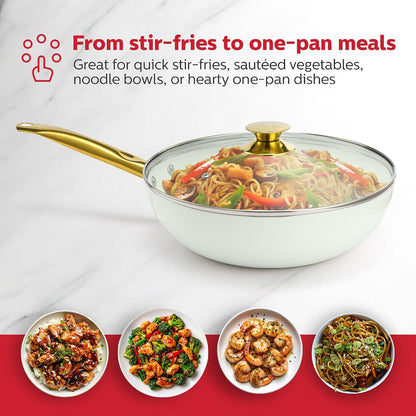 12-Inch White Ceramic Nonstick Wok with Lid - Gold Color and Stainless-Steel Handle, Versatile Gas and Electric Stovetop Compatibility, Golden Elegance9