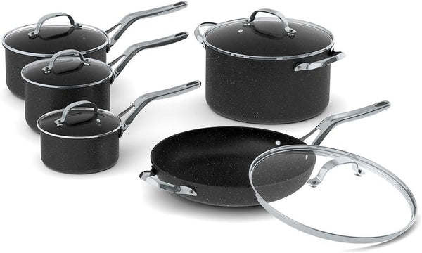the Rock 10PC Non-Stick Cookware Set, Forged Aluminum, Black | Non-Stick Saucepans & Fry Pan. Rock.Tec Surface. Oven Safe. Even Heating. Everyday Cookware Set.1