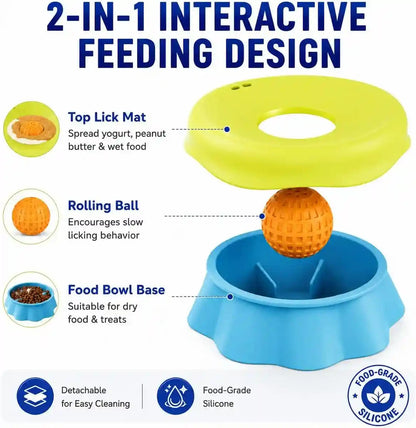 Slow Feeder Dog Bowl with Rolling Ball - 2-In-1 Silicone Dog Lick Bowl for Liquid Treats, Anti-Slip Interactive Licking Toy for Small Medium Large Dogs Cats, Food-Grade Easy Clean (Blue+Yellow)6