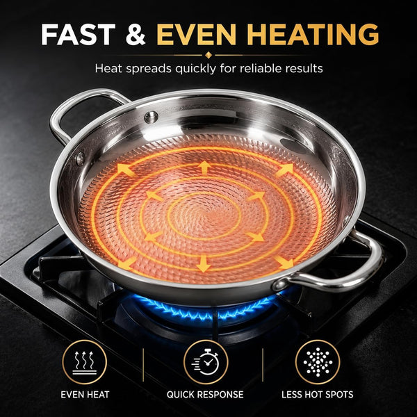 Titanium Hammered Pan, Upgrade Double Handle No Coating Non-Stick Titanium Cookware, Ultra-Durable, Scratch-Resistant, Even Heating Frying Pans, Compatible with All Cooktops,11.02In/Lid5