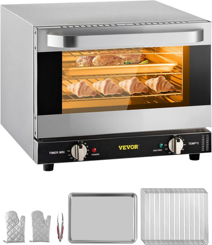 Commercial Convection Oven, 21L/19Qt, Quarter-Size Conventional Oven Countertop, 1440W 3-Tier Toaster W/Front Glass Door, Electric Baking Oven W/Trays Wire Racks Clip Gloves, 120V1