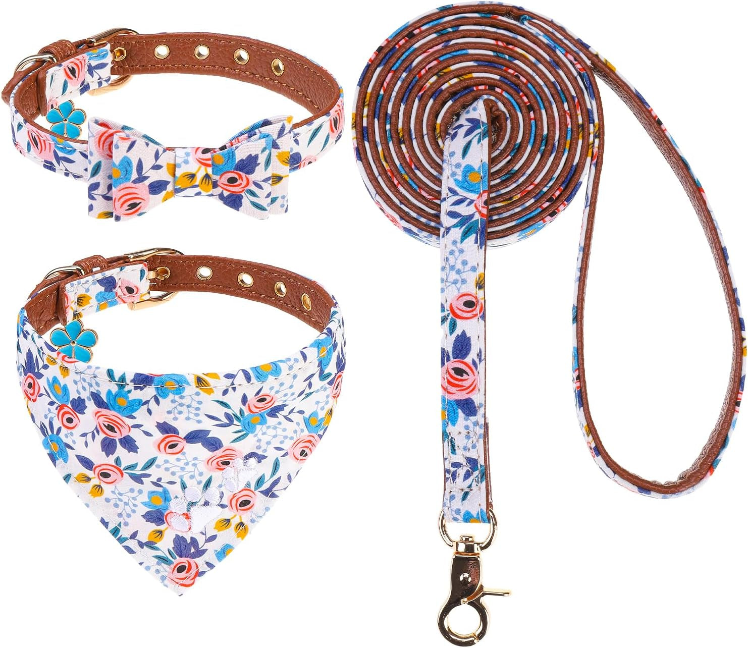 expawlorer-puppy-collar-and-leash-set-embroidery-pawprints-plaid-dog-collar-and-dog-leash-set-bow-tie-and-bandana-dog-collar-with-bell-cute-collar-and-leash-for-dogs-cats-outdoor-walking-blue-s