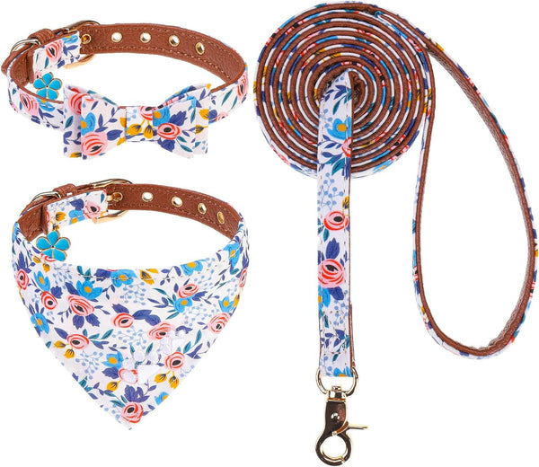 EXPAWLORER Puppy Collar and Leash Set - Embroidery Pawprints Plaid Dog Collar and Dog Leash Set, Bow Tie and Bandana Dog Collar with Bell, Cute Collar and Leash for Dogs Cats Outdoor Walking, Blue S10