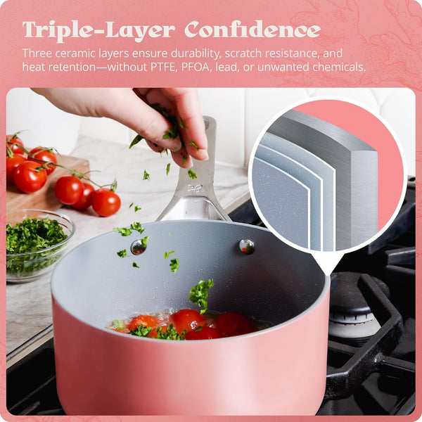 Premium Non-Toxic Ceramic Cookware Set – Triple-Layer Nonstick 12 Piece Pots and Pans with Lids, Pfas-Free, Oven Safe for Healthy Meals, Space-Saving Design, Coral Pink Color |4