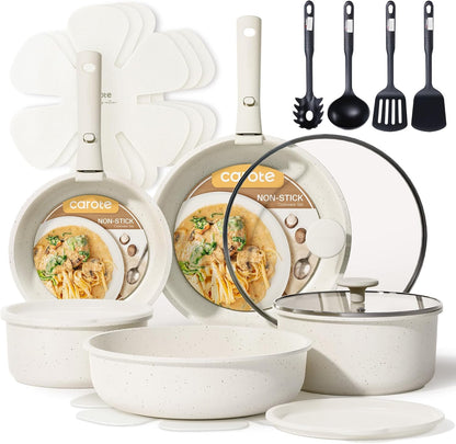 19Pcs Pots and Pans Set Non Stick, Detachable Handle Cookware | Kitchen Cooking Sets, Space Saving, Dishwasher & Oven Safe, Non-Toxic, for Camping/Rv/Traveling, Cream White1