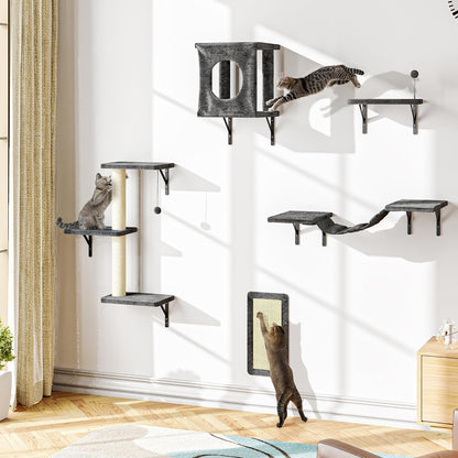 NUNU LAB Wall Mounted Cat Furniture Set - 6 Pcs Climber Set with House, Bridge, Steps, Scratcher Board - DIY Walls Playground, Indoor Cat Shelves - Gray14