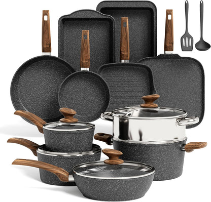17Pcs Pots and Pans Set, Black | Non Stick, Induction Cookware1