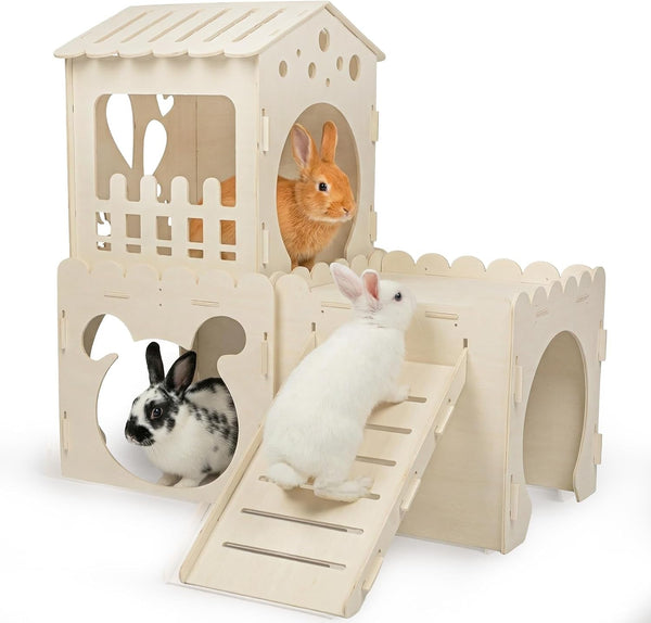 Extra Large Rabbit Castle, Wooden Bunny House &,Detachable Rabbit Hideaway, Indoor Hamster Castle with Ramp, Small Animal Houses & Habitats for Guinea Pig Chinchilla Ferret(3 House)1