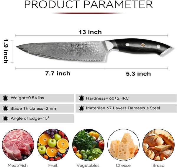 8 Inch Chef Knife, Japanese-Style VG10 Damascus Kitchen Knife, 67-Layer Forged Blade with Black Wood Handle, Razor Sharp Cooking Knife for Meat, Vegetables & Fruit2
