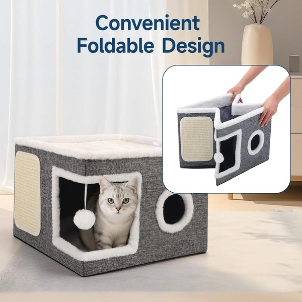 Shikha Cat House Bed for Indoor Cats with Fluffy Ball and Scratch Pad Grey | Foldable Large Cat Cave Hideaway with Cozy Condo, Hide and Seek Window, Holds up to 30LBS, All Season Reversible Cushion6