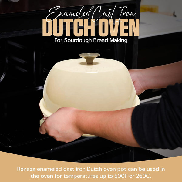 Enameled Cast Iron Dutch Oven Pot with Lid - Dutch Oven for Sourdough Bread Baking - with 5 Blade Bread Lame & Non-Stick Silicone Sling Perfect for Sourdough Breads & More. Cast Iton Enamel Braiser Pan with Lid (WHITE, 6 Quart Sourdough Pot)6