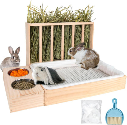 BESNEW 3 in 1 Rabbit Hay Feeder with Litter Box,Wooden Hay Feeder with 2 Bowls & Litter Box for Guinea Pig Chinchilla Bunny Other Small Animals,Large Capacity & Preventing Waste9