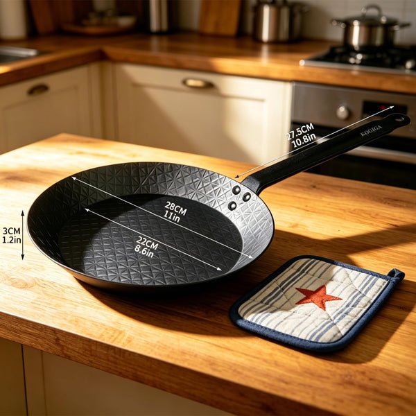 11 Inch Pre-Seasoned Carbon Steel Frying Pan, Naturally Non-Coated Skillet with Grooved Texture for Steak, Stir Fry, Tortilla, Crepe, All Stoves Compatible3